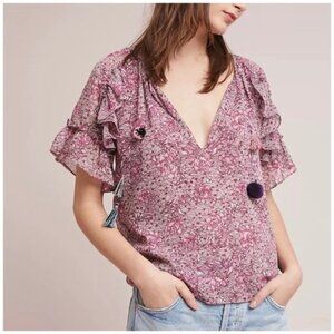 MISA LA Blouse Floral Ruffle Boho Purple Pink Pom Pom Lino XS